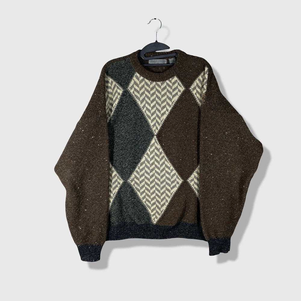 Le Collezioni Structure Argyle Sweater Men XL Brown Vintage Academic Grandpa 90s